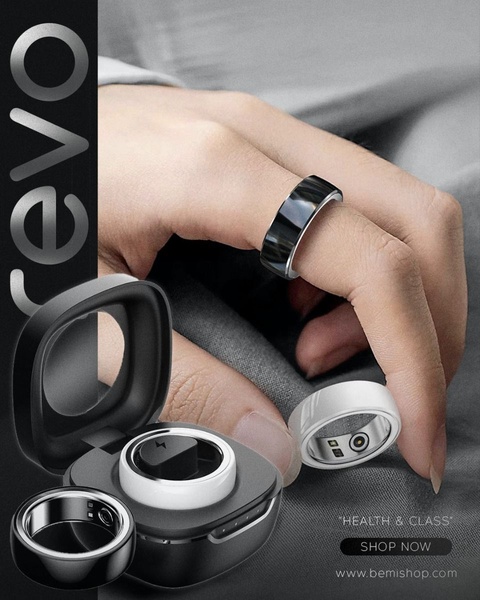 A high-end, minimalist advertisement featuring a Smart Ring shown in two color variations, emphasizing both the tech and the lifestyle appeal.